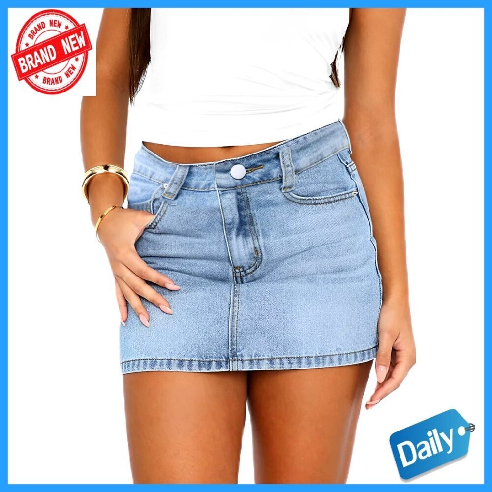 Mini Denim Skirt Low Waist Stretch Slim Fit with Pockets